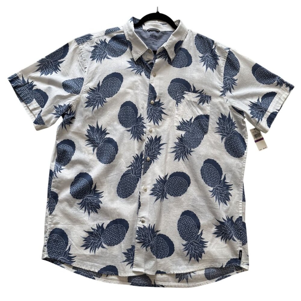 Izod Mens Pineapple Print Short Sleeve Button Shirt 2X-Large Moonlight Blue NWT